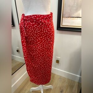 SHEIN Red Midi Wrap Skirt with White Heart Print